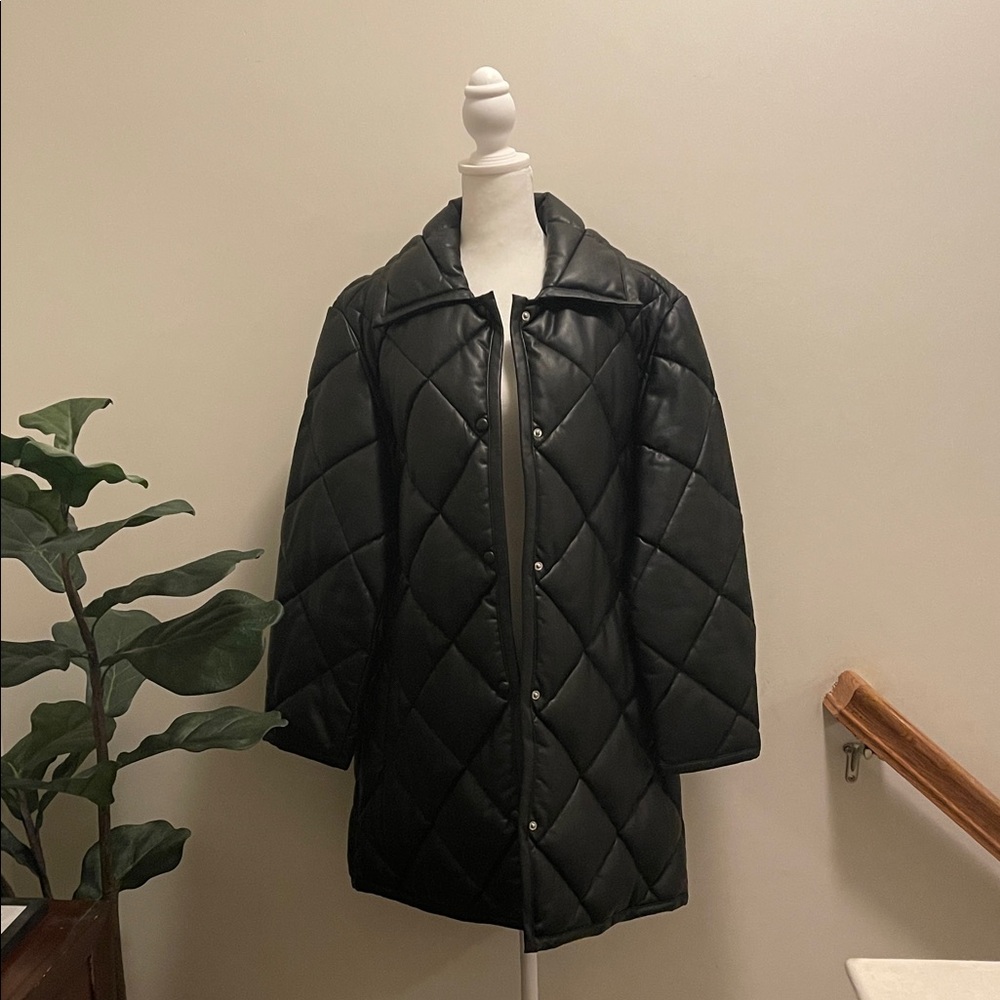 Women's Faux Leather Black Quilted Coat